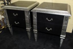 Pair Of Black And Silver Leaf Heavy Two Drawer Chest Of Drawers Bedsides