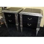 Pair Of Black And Silver Leaf Heavy Two Drawer Chest Of Drawers Bedsides