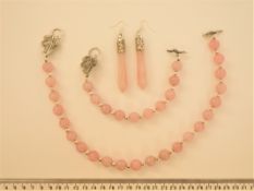 A Rose Quartz Necklace, Bracelet And Earrings Set