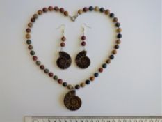 A Jasper And Fossil Ammonites Necklace And Matching Earrings