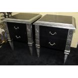 Pair of Black and Silver Leaf Heavy Two Drawer Chest of Drawers Bedsides