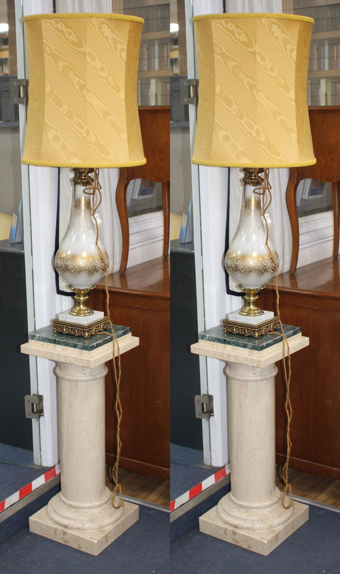 Pair of Venetian Style Brass Mounted Jewelled Glass Table Lamps on Pedestals