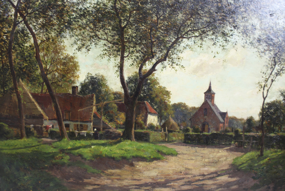 Large Late 19th c. Village Landscape Oil on Canvas - Image 2 of 6