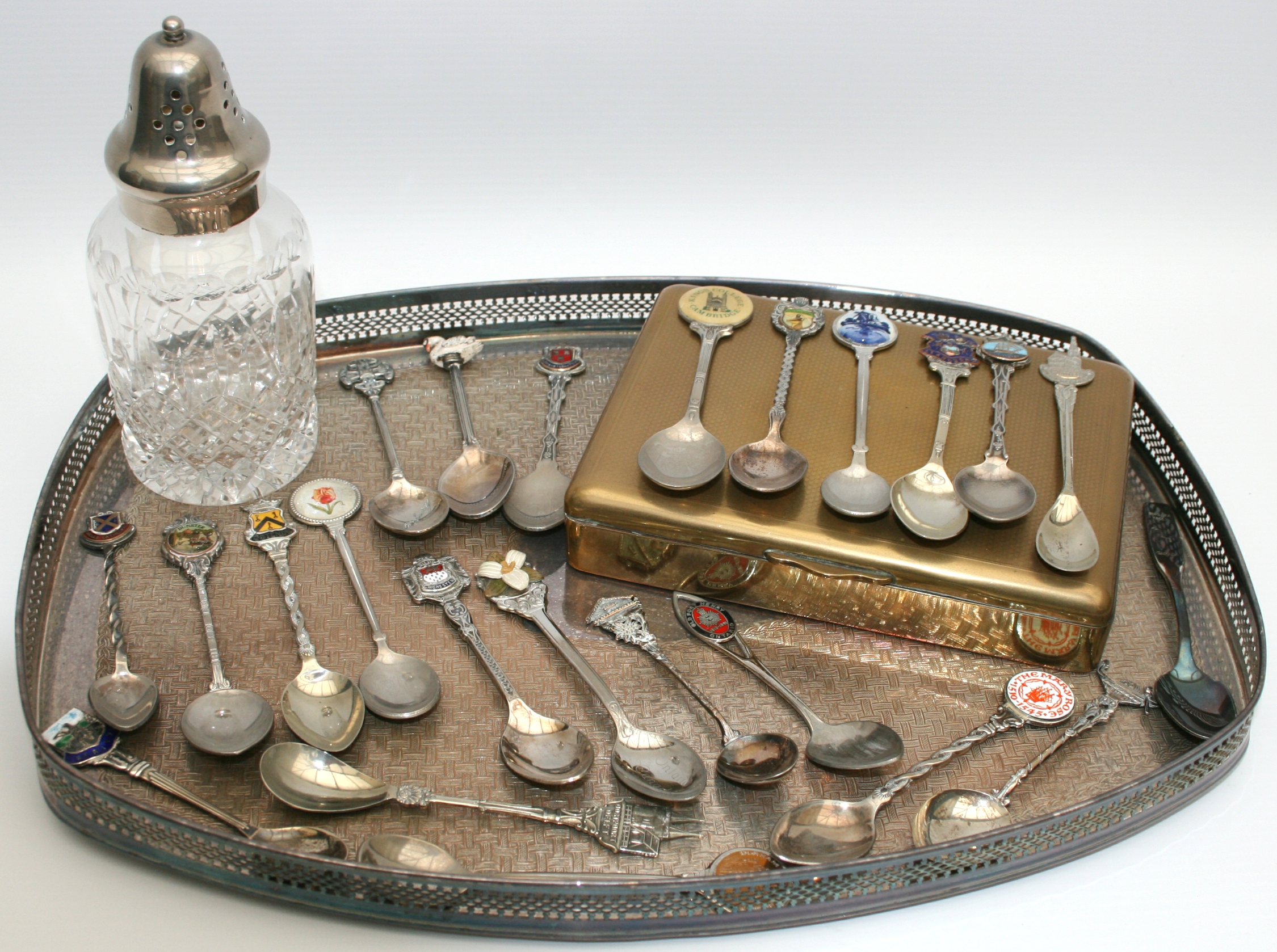 Vintage Silver Plated Galleried Tray Collectors Spoons etc.