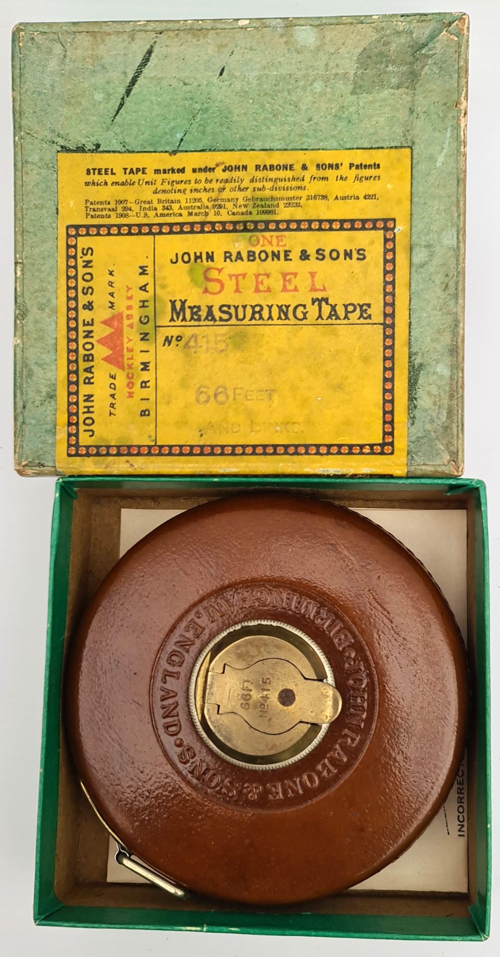 Vintage Tools Rabone 66ft Steel Tape Original Box Leather Case - Image 3 of 4