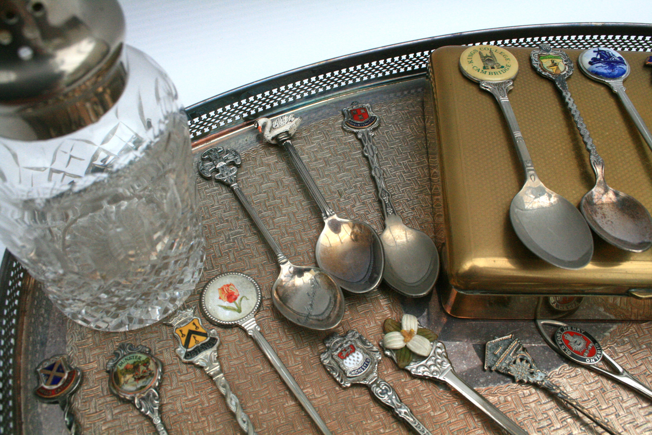 Vintage Silver Plated Galleried Tray Collectors Spoons etc. - Image 2 of 3