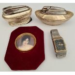 Two Ronson Table Lighters A Wrist Watch & Portrait Print