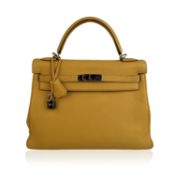 Hermes Yellow Leather Kelly 32 Retourne Top Handle Bag Satchel