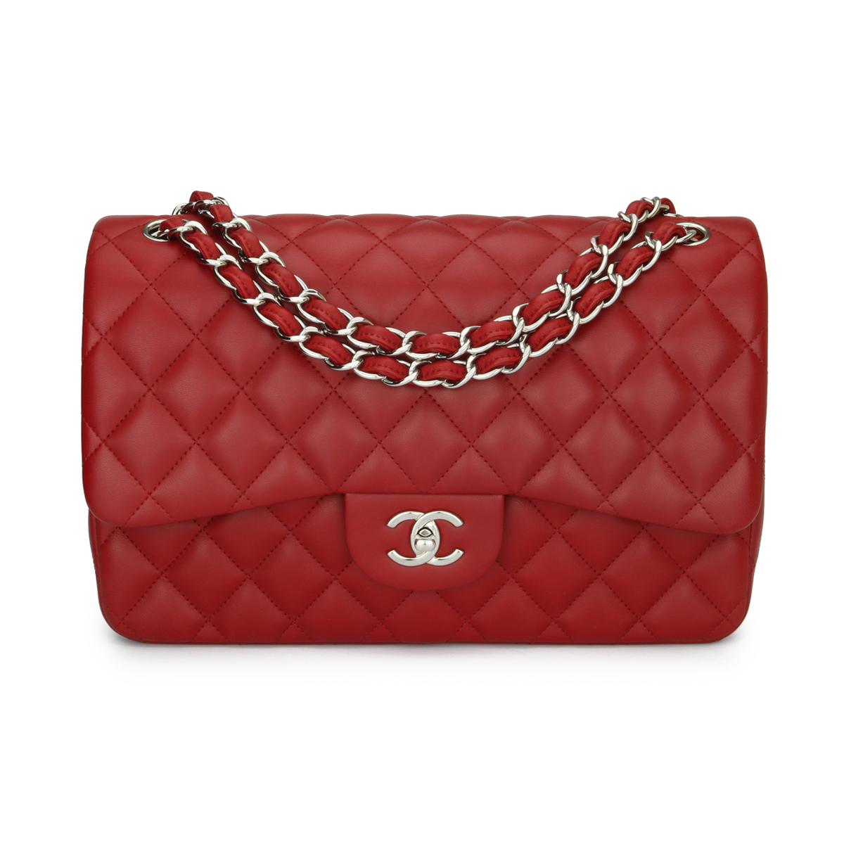 Chanel Double Flap Jumbo Red Lambskin Silver Hardware 2013