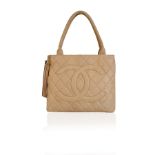 Chanel Beige Quilted Leather Cc Logo Tote Shoulder Bag