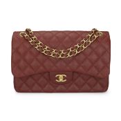 Chanel Double Flap Jumbo Iridescent Burgundy Caviar Brushed Gold Hardware 2018