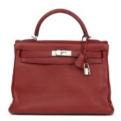 Hermès Rouge H Clemence Leather Kelly 32Cm Retourne