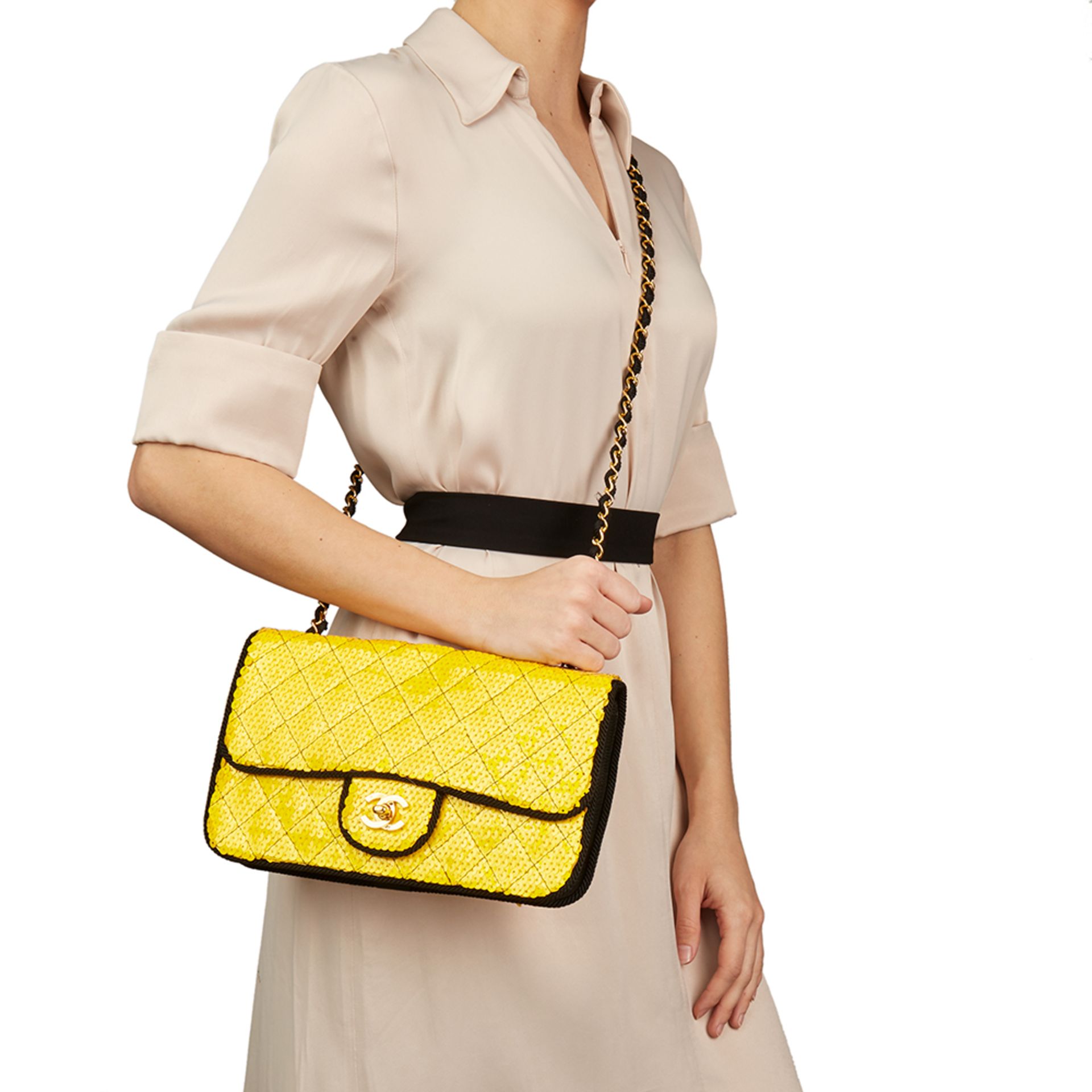 Chanel Yellow Quilted Sequin & Black Fabric Embellished Vintage Classic Single Flap Bag - Image 2 of 13