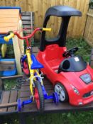 Boys bike with stabilisers and push along car