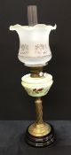 A Victorian 'duplex' oil lamp with handpainted glass reservoir