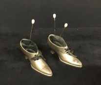 Antique pair of Victorian pewter pin cushion shoes