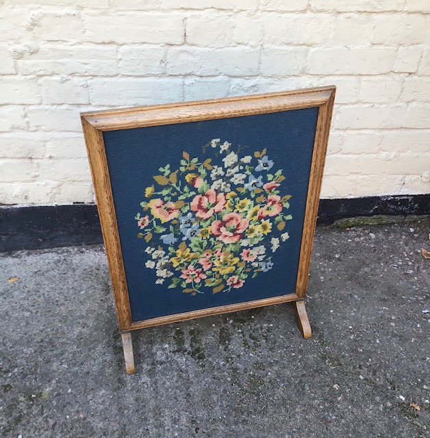 Antique vintage oak framed fire screen.