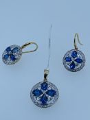 9ct hallmarked sapphire and diamond pendant and earring set