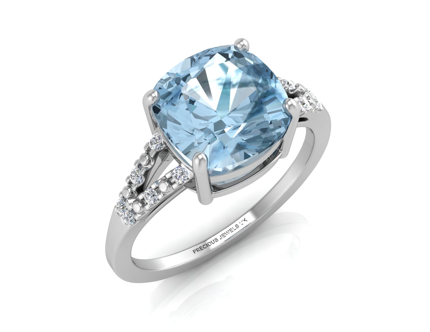 9k White Gold Cushion Cut Blue Topaz With Diamond Set Shoulders Ring