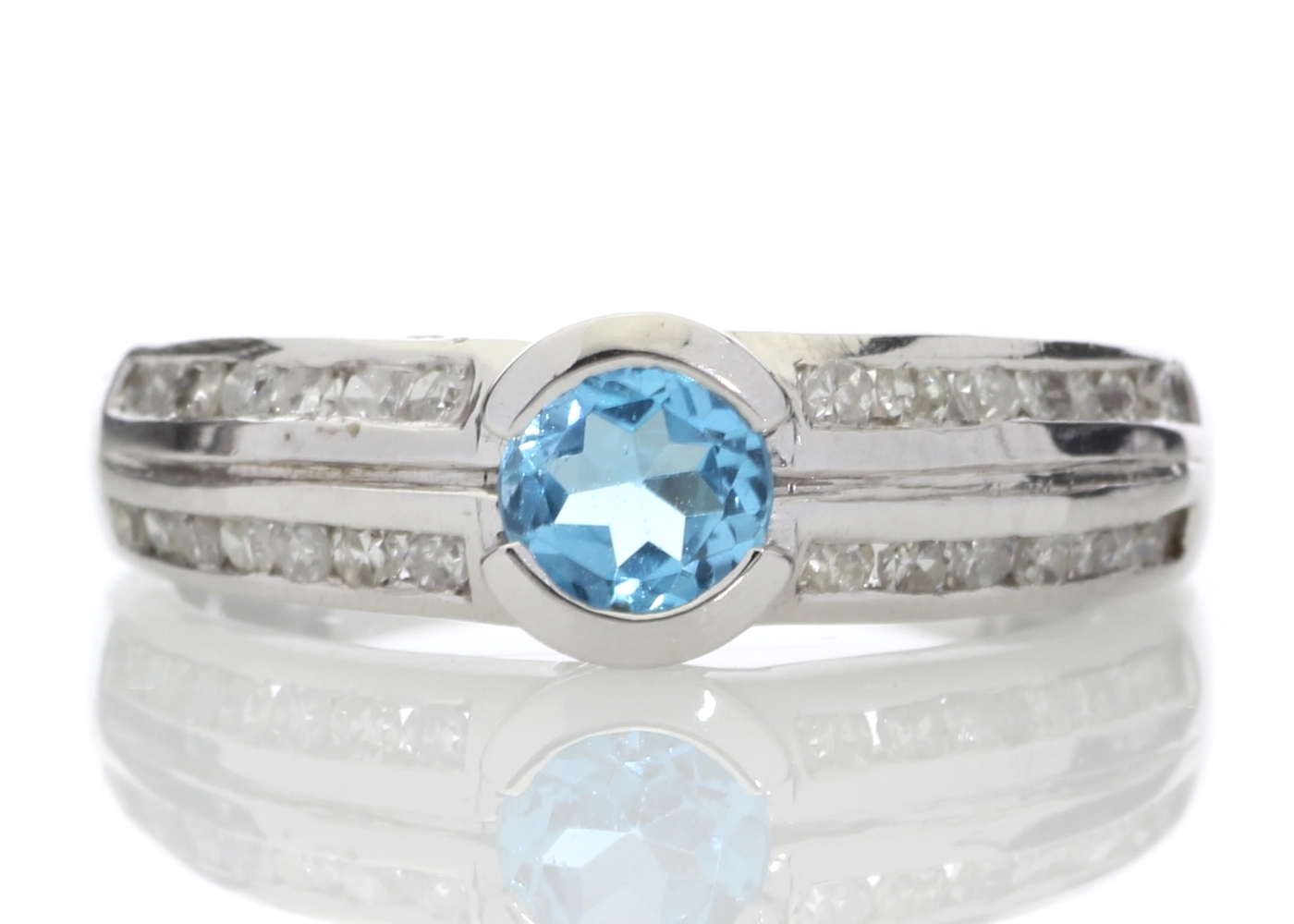 9k White Gold Double Channel Set Diamond and Blue Topaz Ring