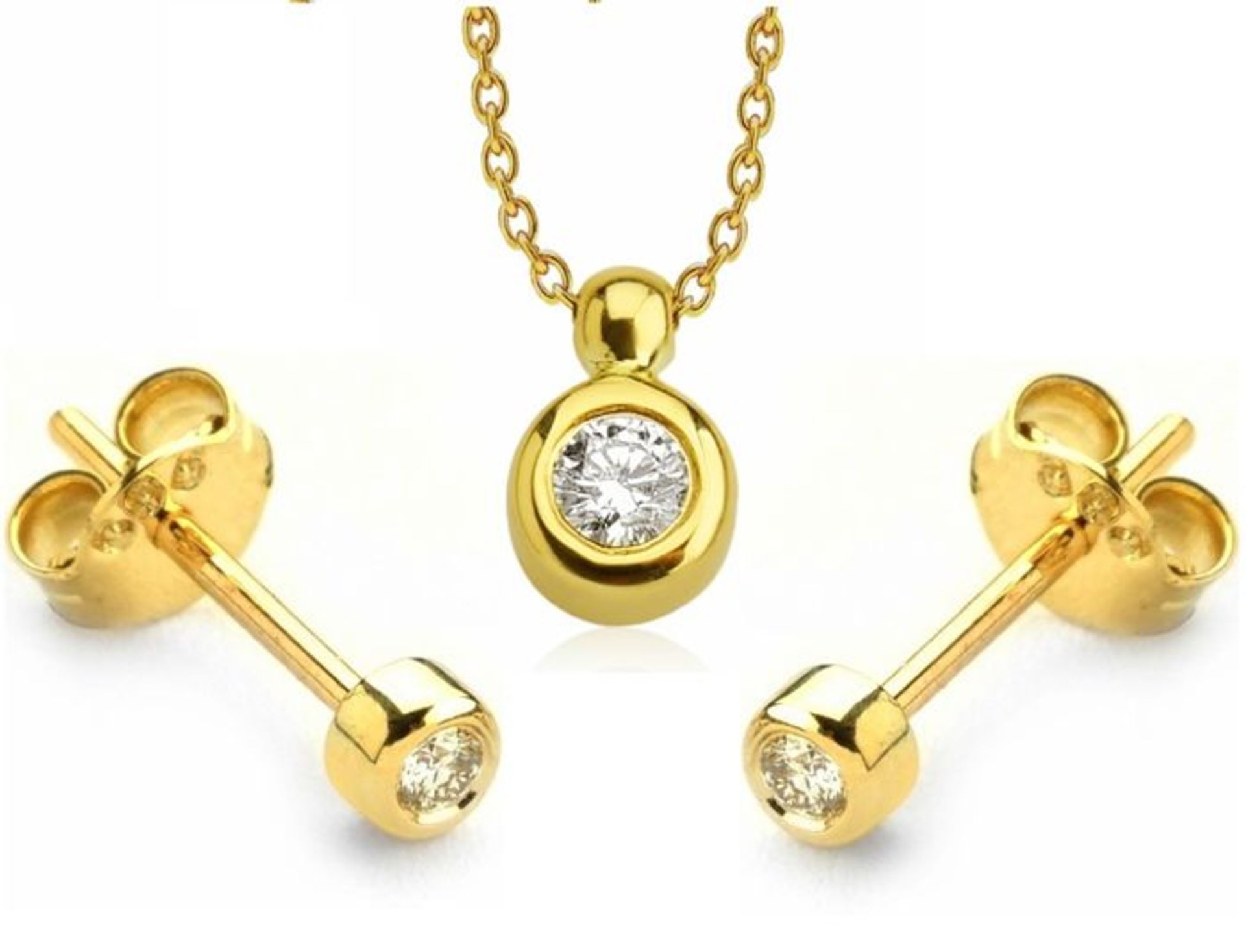 14K Yellow Gold - Diamond Earring and Pendant set Total 0,15 ct