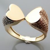 Italian Design Swarovski Zirconia. Two Heart Ring. In 14K Tri Colour White Yellow and Rosegold