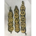 Three Vintage Horse Brasses On Brown Leather Straps