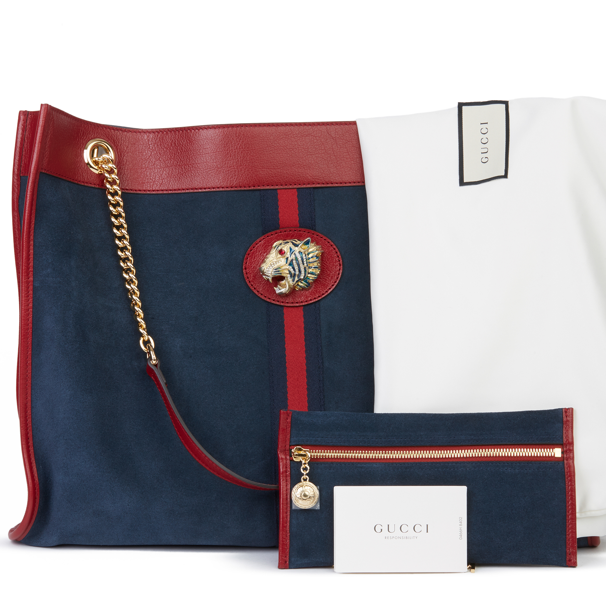 Gucci Red Aged Calfskin Leather & Blue Suede Web Large Rajah Tote - Image 3 of 12