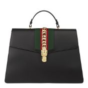 Gucci Black Smooth Calfskin Leather Sylvie Top Handle Duffle Bag