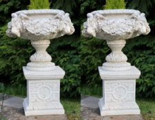 Pair of Heavy Composite Stone Ram's Head Garden Urns on Pedestals