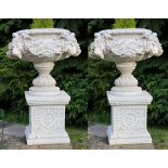 Pair of Heavy Composite Stone Ram's Head Garden Urns on Pedestals