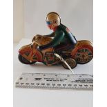 Vintage Tin Plate Wind up Motor bike and Rider