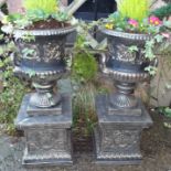 Pair of Heavy Black & Gold Painted Garden Urns On Pedestals