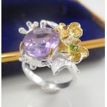 Unique fine art natural Amethyst sterling silver ring