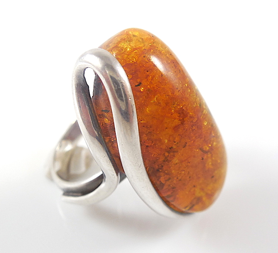 Large natural amber silver ring