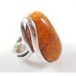 Large natural amber silver ring