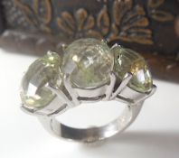 Three stone green Amethyst silver ring