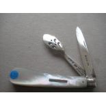 Rare Edwardian Mother of Pearl Hafted Silver Bladed Folding Fruit Knife and Orange Peeler