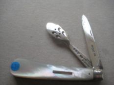 Rare Edwardian Mother of Pearl Hafted Silver Bladed Folding Fruit Knife and Orange Peeler