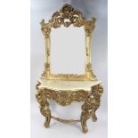 Large Carved Giltwood Marble Topped Console Table with Mirror