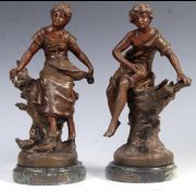 Pair of painted bronzed spelter figures entitled fermiere and bonne peche