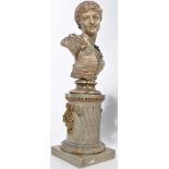 A C19th painted plaster bust on a painted carved wooden plinth
