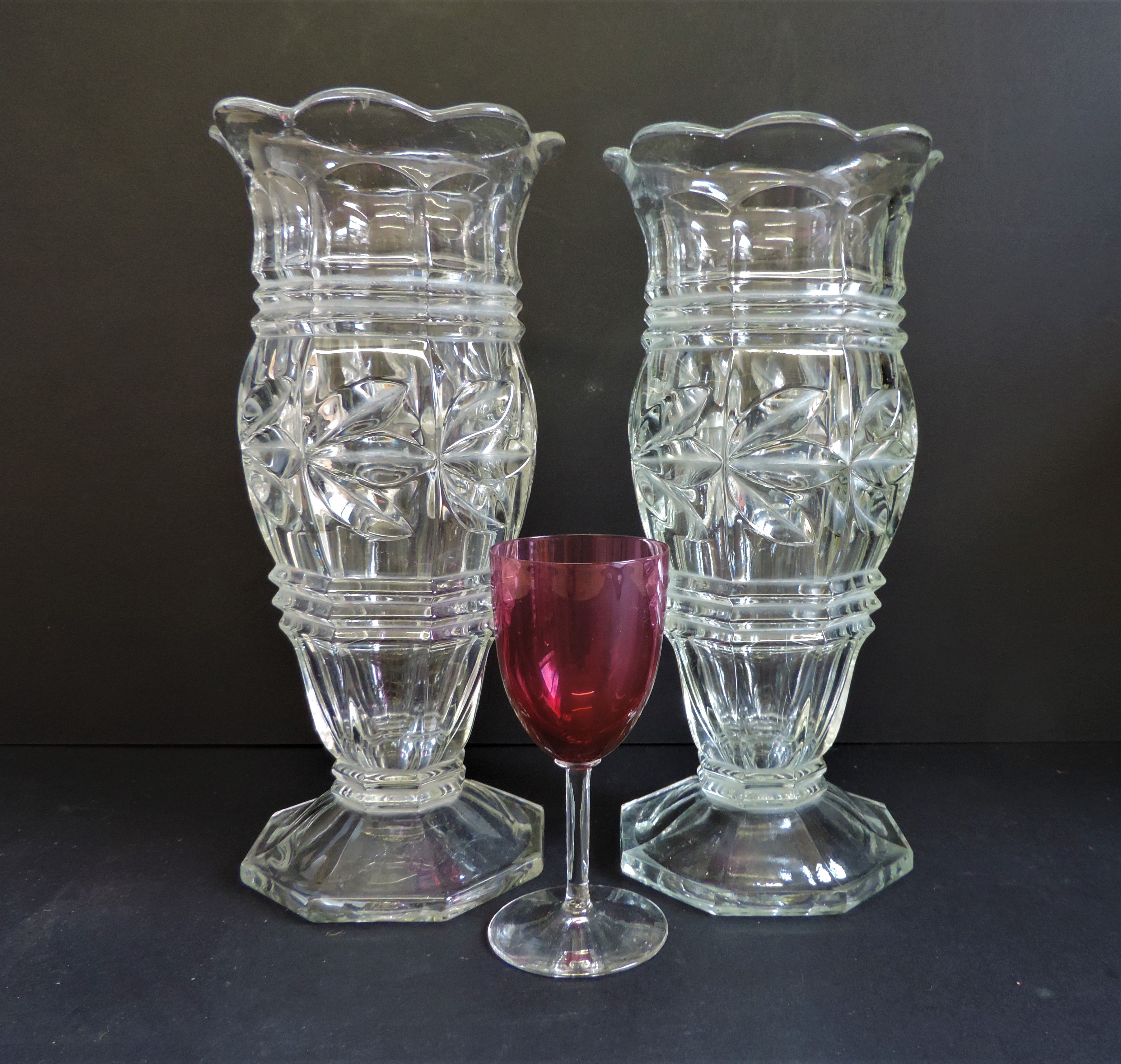 Matching Pair of Art Deco Glass Vases 25cm Tall