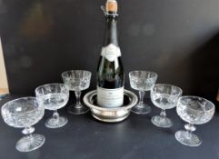 6 Crystal Champagne Coupes and Silver Plate Bottle Coaster