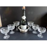 6 Crystal Champagne Coupes and Silver Plate Bottle Coaster