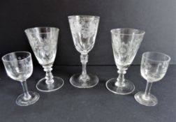 Five Antique Etched Crystal Glasses