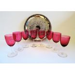 Antique Set of 8 Victorian Cranberry Wine Glasses on Silver Tray