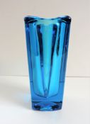 Geometric Italian Murano faceted art glass vase blue