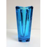 Geometric Italian Murano faceted art glass vase blue