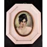 Hand Painted Miniature Portrait of Aristocratic Beauty